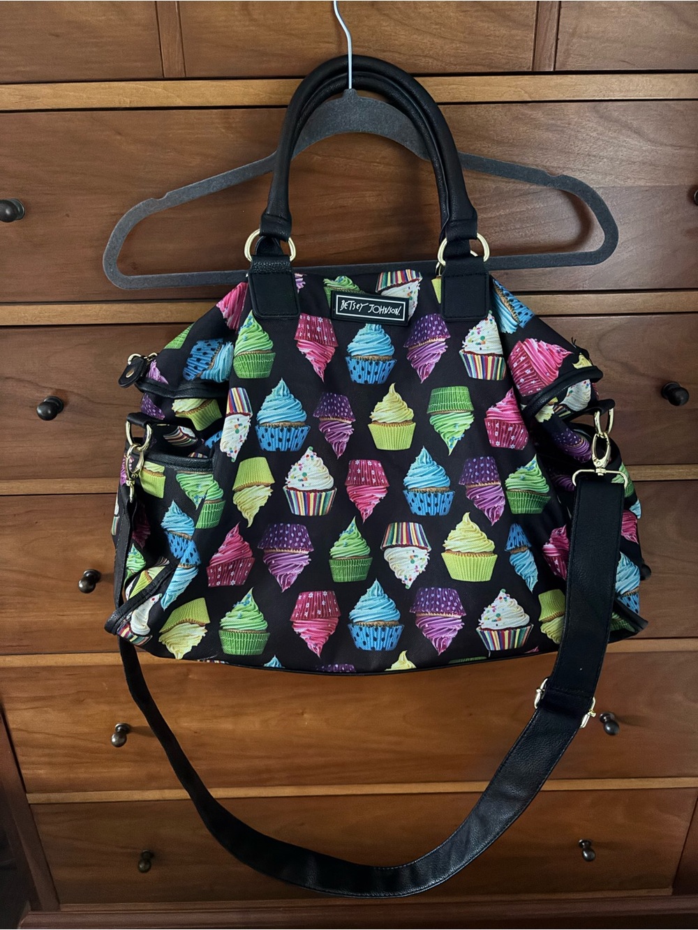 Betsey Johnson Black Cupcake-Print Shoulder Bag with Rainbow Sweets